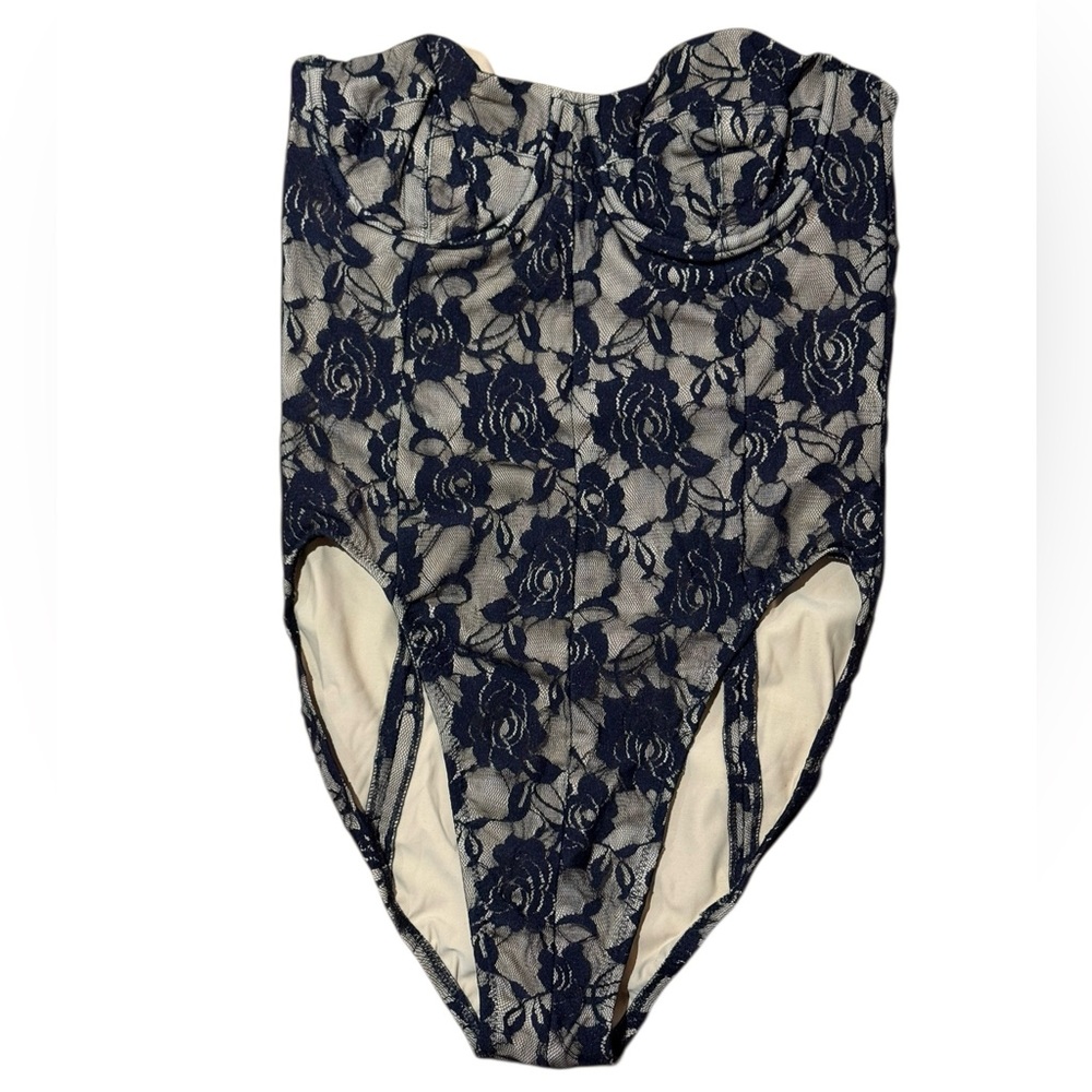 Norma Kamali Sz L Swimsuit Mio Corset Strapless Black Rose Lace Bodysuit Boho - Picture 5 of 10
